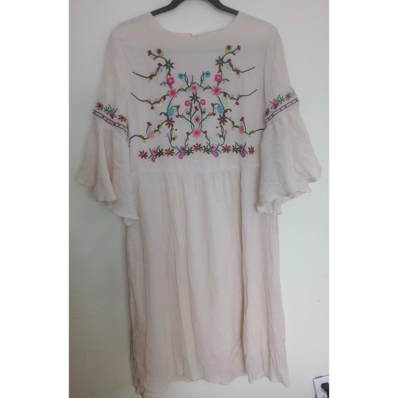 Brass and Roe Called to Surf Dresses & Skirts - Brass & Roe CTS Dress Embroidered Floral Boho Gauzy Festival Lined Beige Large